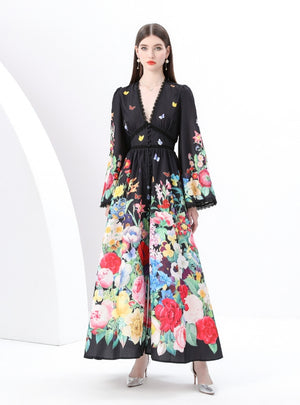 Retro V-neck Breasted Printed Long Dress