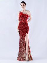 One Shoulder Mermaid Sequins Feather Split Prom Dress