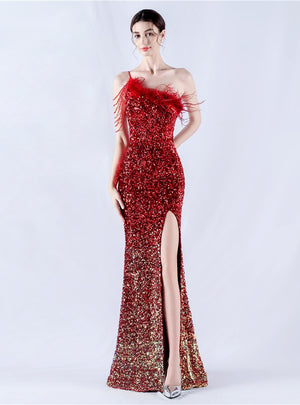 One Shoulder Mermaid Sequins Feather Split Prom Dress