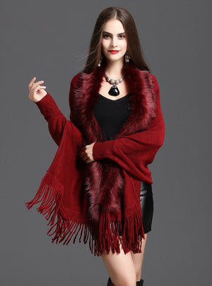 Large Size Fur Collar Fringed Cardigan Shawl Coat
