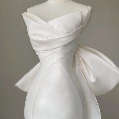 White Satin Strapless Pleats Wedding Dress