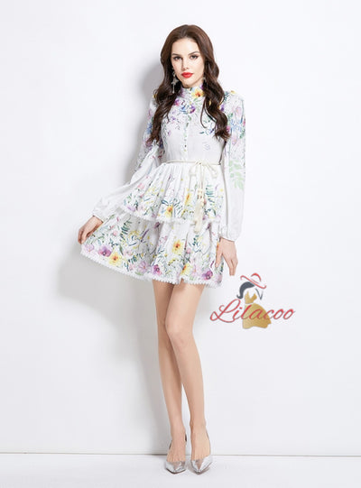 Long-sleeved Floral Lantern Sleeve Cake Dress