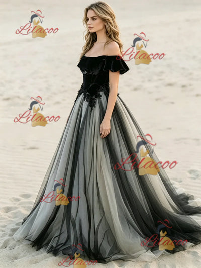 Black Tulle Off the Shoulder Appliques Wedding Dress