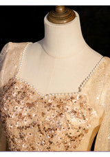 Champagne Tulle Sequins Beading Prom Dress