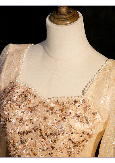 Champagne Tulle Sequins Beading Prom Dress