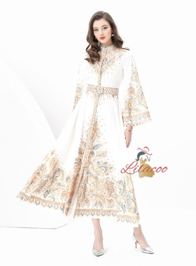 Retro Printed Long-sleeved Dress