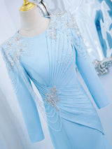 Blue Mermaid Pleats Beading Long Sleeve Prom Dress