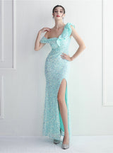 Mermaid Sequins One Shoulder Split Prom Dress