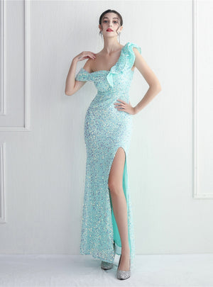 Mermaid Sequins One Shoulder Split Prom Dress