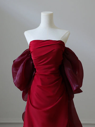 Burgundy Strapless Pleats Prom Dress