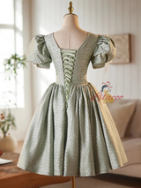 Green Puff Sleeve Bow Homecoming Dress