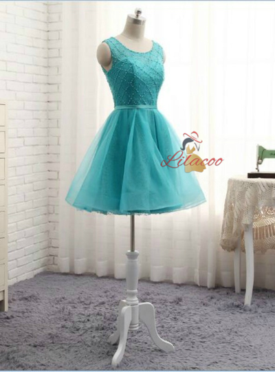 Blue Tulle Beading Homecoming Dress