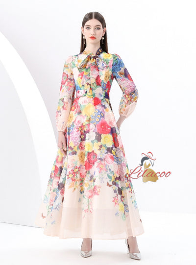 Lantern Sleeve Retro Print Slim Dress