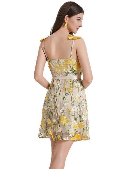 Flower Embroidered Suspender Dress
