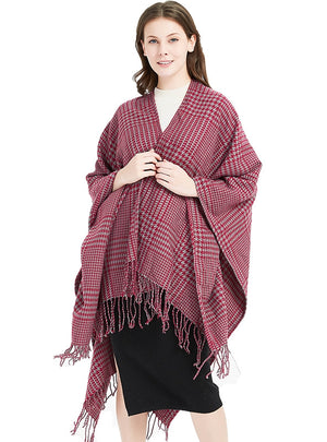 Black and White Houndstooth Split Fringed Split Shawl