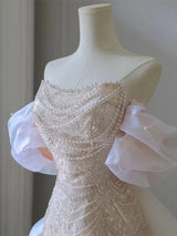 Pink Sequins Pearls Prom Dress