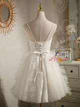 White Tulle Lace Spaghetti Straps Button Homecoming Dress