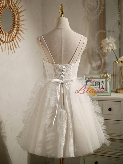 White Tulle Lace Spaghetti Straps Button Homecoming Dress