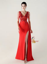 V-neck Appliques Split Beading Prom Dress
