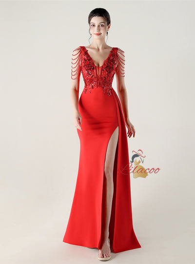 V-neck Appliques Split Beading Prom Dress