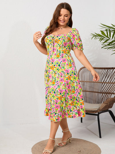 Square Neck Short Sleeve Printed Dress