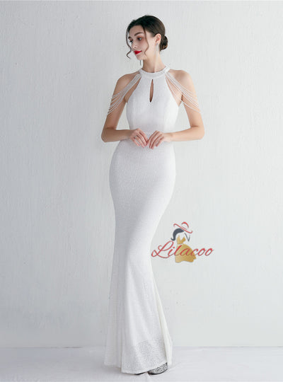 Mermaid Sequins Halter Beading Prom Dress