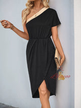 Irregular Color Matching One Shoulder Dress