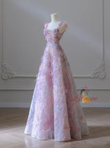 Pink Tulle 3D Flower Straps Prom Dress