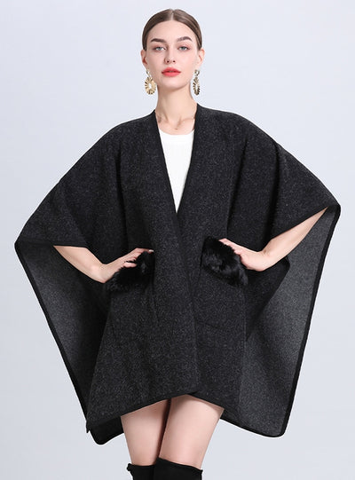 Pocket Bat Sleeve Fur Collar Shawl Cloak