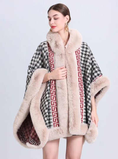 Hooded Loose Jacquard Knitted Cloak Shawl