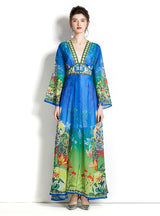 Long-sleeved V-neck Flared Sleeve Printed Dress