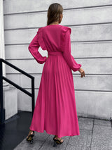 V-neck Pleated Long Sleeve Dress