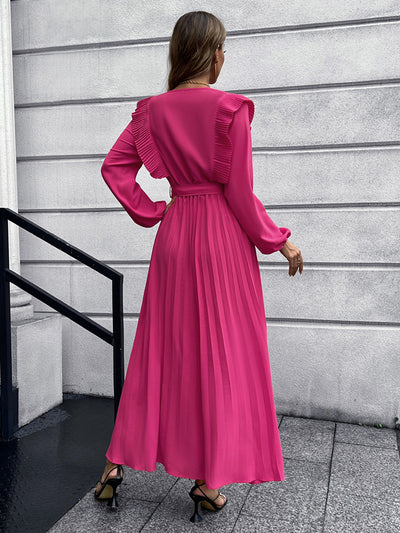 V-neck Pleated Long Sleeve Dress