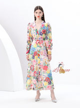 Long Sleeve Lace Floral Print Long Dress