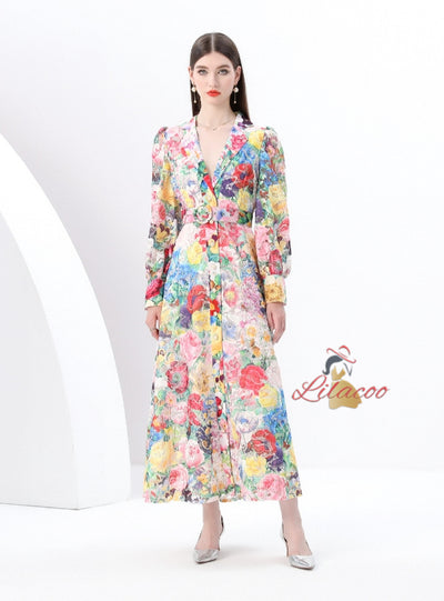 Long Sleeve Lace Floral Print Long Dress