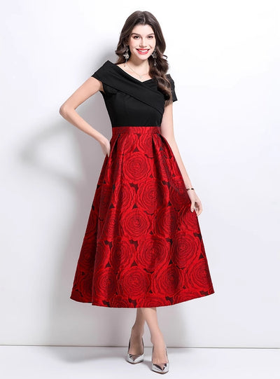 Off the Shoulder Stitching Jacquard Dress