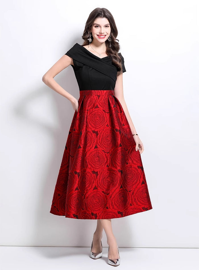 Off the Shoulder Stitching Jacquard Dress