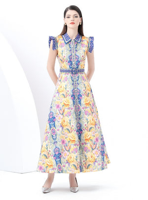 Retro Palace Printed Lapel Slim Dress