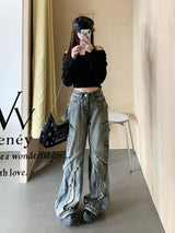 Retro Stitching Raw Edge Jeans Pants