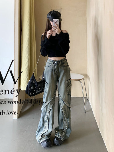 Retro Stitching Raw Edge Jeans Pants