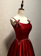 Burgundy Satin Straps Pearls Prom Dress