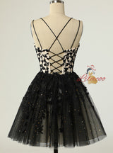 Black Tulle Appliques Homecoming Dress