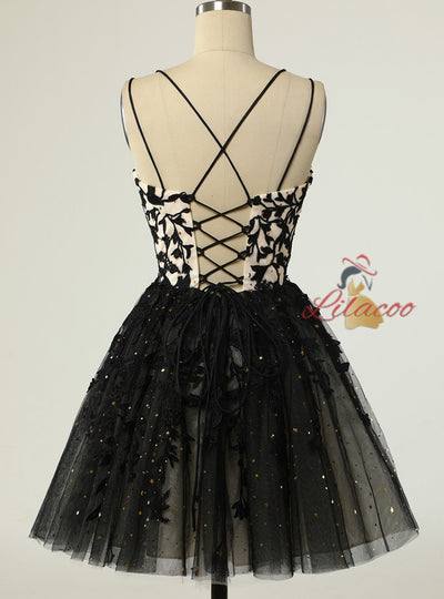 Black Tulle Appliques Homecoming Dress