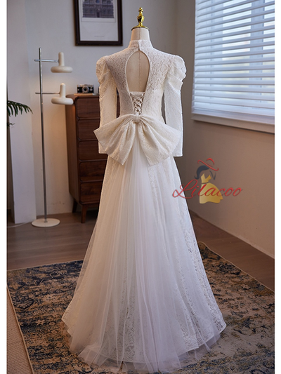 White Lace Long Sleeve High Neck Wedding Dress