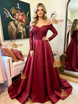 Burgundy Satin Long Sleeve Prom Dress