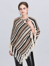 Fringed Diagonal Striped Cloak Shawl