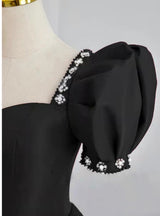 Black Square Puff Sleeve Beading Prom Dress