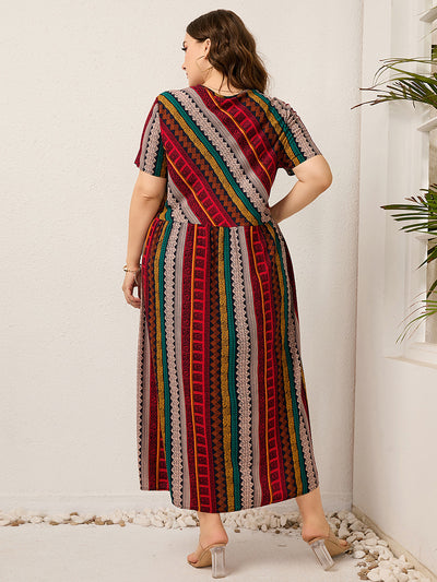 Round Neck Stitching Printed Short Sleeve Dress