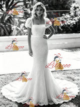 White Mermaid Lace Puff Sleeve Wedding Dress