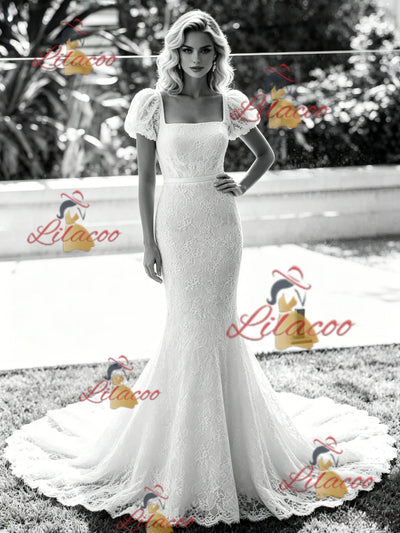 White Mermaid Lace Puff Sleeve Wedding Dress